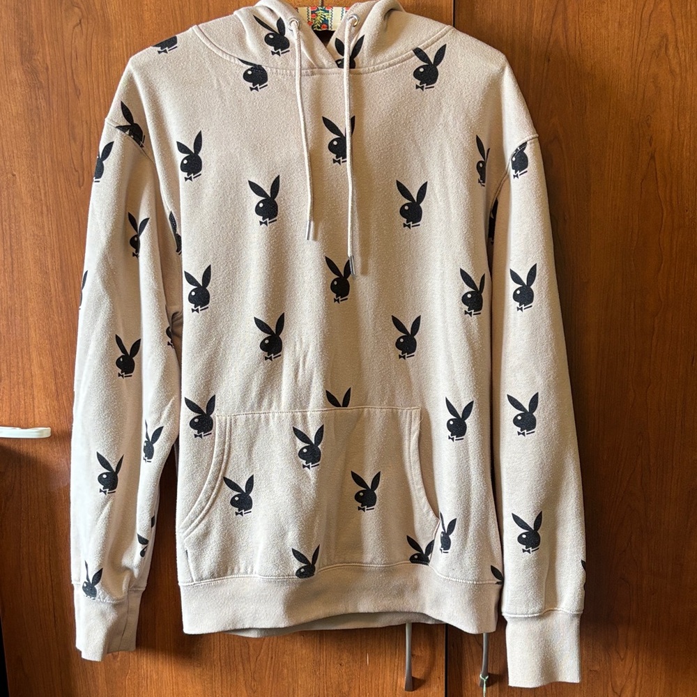 PLAYBOY Tan Hoodie with Black Bunny Pattern